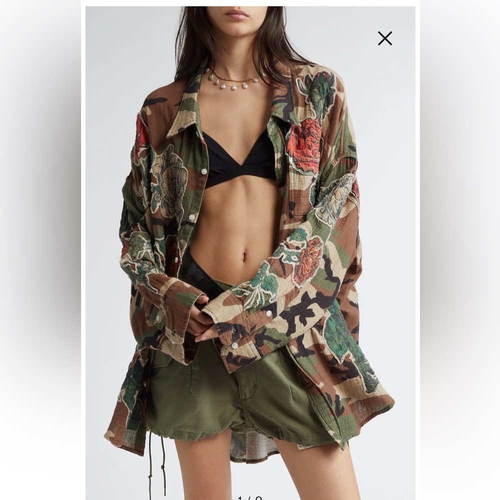 R13 NWOT Drop Neck Floral Patch Camouflage Print Button-Up Shirt - Picture 4 of 11